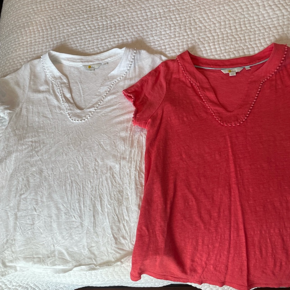 Two Boden Linen blend Tees - white and pink